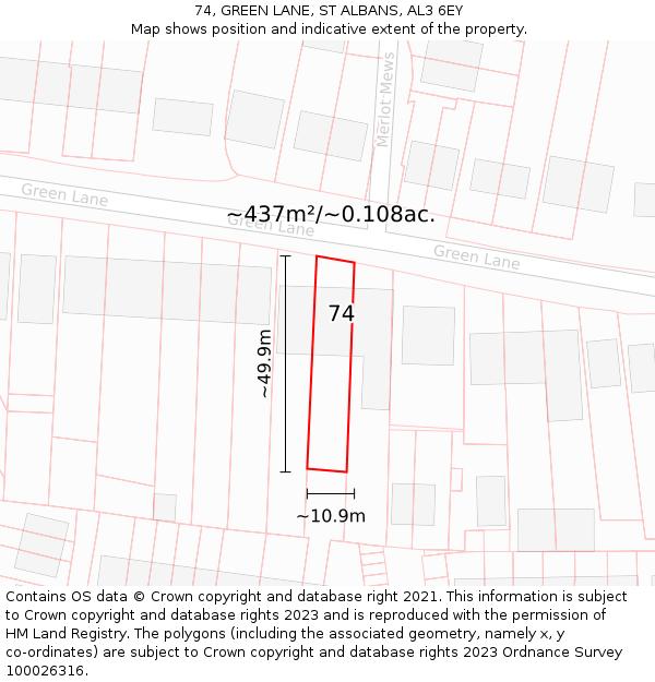 74, GREEN LANE, ST ALBANS, AL3 6EY: Plot and title map