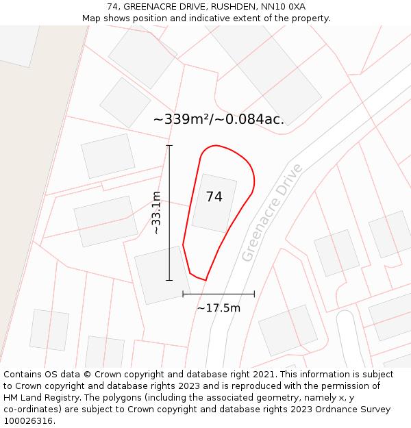 74, GREENACRE DRIVE, RUSHDEN, NN10 0XA: Plot and title map
