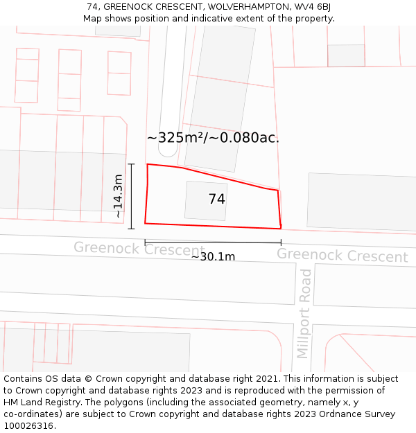 74, GREENOCK CRESCENT, WOLVERHAMPTON, WV4 6BJ: Plot and title map