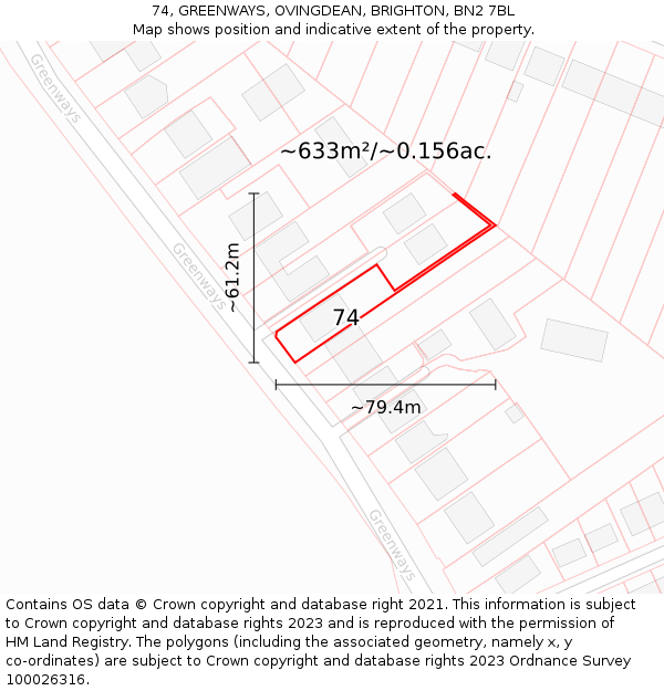 74, GREENWAYS, OVINGDEAN, BRIGHTON, BN2 7BL: Plot and title map