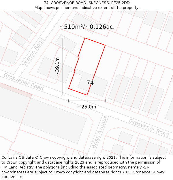 74, GROSVENOR ROAD, SKEGNESS, PE25 2DD: Plot and title map