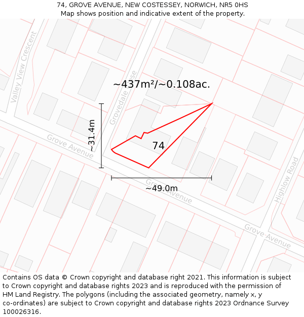 74, GROVE AVENUE, NEW COSTESSEY, NORWICH, NR5 0HS: Plot and title map
