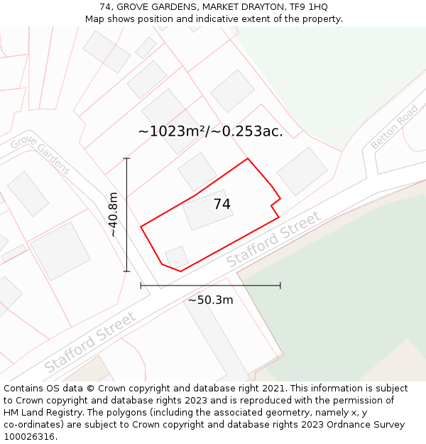 74, GROVE GARDENS, MARKET DRAYTON, TF9 1HQ: Plot and title map