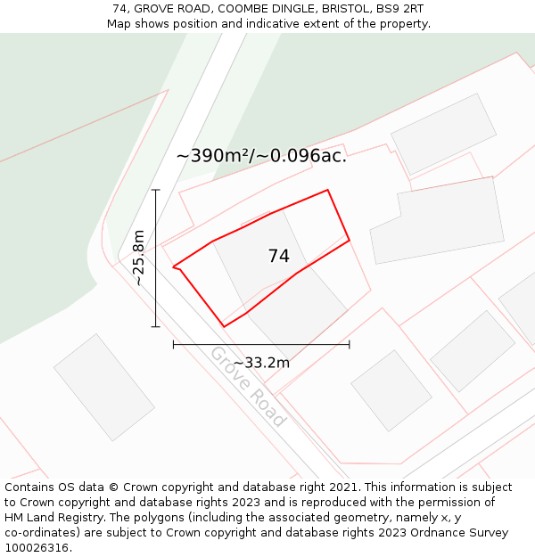 74, GROVE ROAD, COOMBE DINGLE, BRISTOL, BS9 2RT: Plot and title map