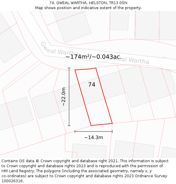 74, GWEAL WARTHA, HELSTON, TR13 0SN: Plot and title map