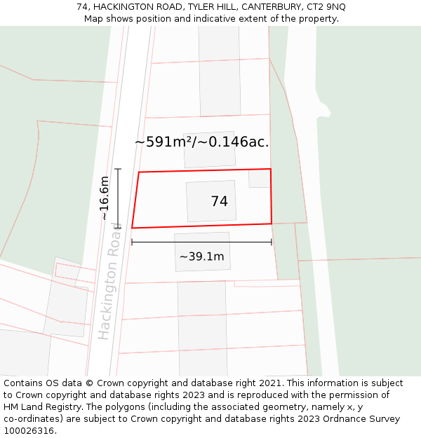 74, HACKINGTON ROAD, TYLER HILL, CANTERBURY, CT2 9NQ: Plot and title map