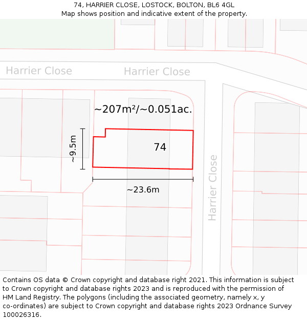 74, HARRIER CLOSE, LOSTOCK, BOLTON, BL6 4GL: Plot and title map