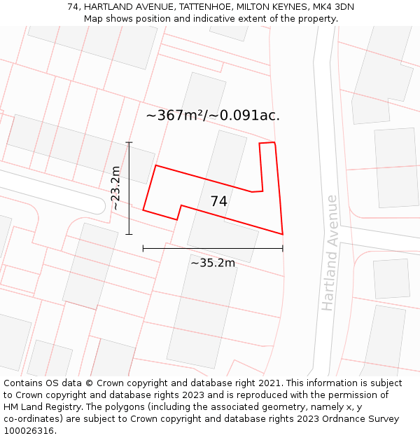74, HARTLAND AVENUE, TATTENHOE, MILTON KEYNES, MK4 3DN: Plot and title map