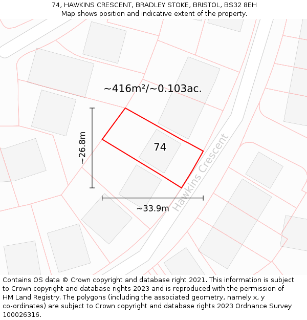 74, HAWKINS CRESCENT, BRADLEY STOKE, BRISTOL, BS32 8EH: Plot and title map