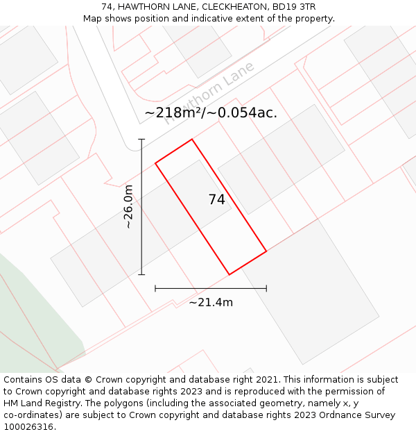 74, HAWTHORN LANE, CLECKHEATON, BD19 3TR: Plot and title map