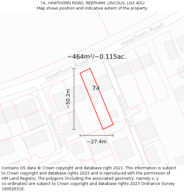 74, HAWTHORN ROAD, REEPHAM, LINCOLN, LN3 4DU: Plot and title map
