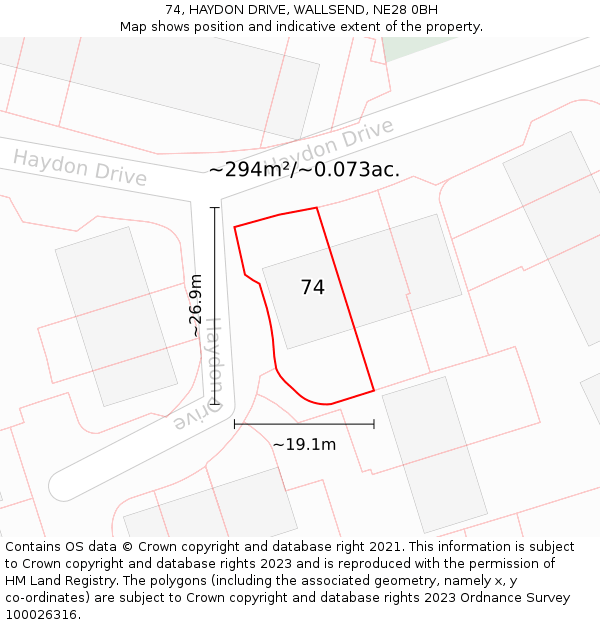 74, HAYDON DRIVE, WALLSEND, NE28 0BH: Plot and title map