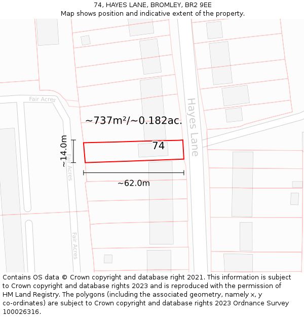 74, HAYES LANE, BROMLEY, BR2 9EE: Plot and title map