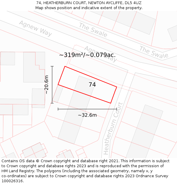 74, HEATHERBURN COURT, NEWTON AYCLIFFE, DL5 4UZ: Plot and title map
