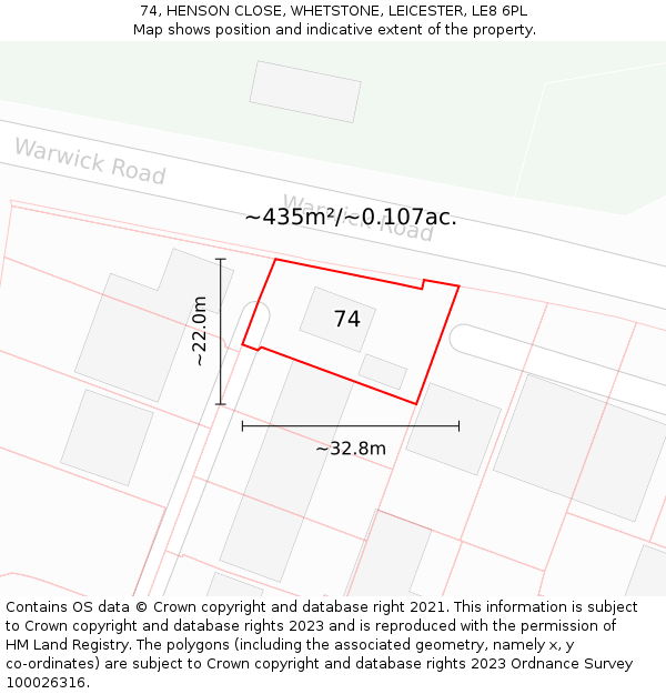 74, HENSON CLOSE, WHETSTONE, LEICESTER, LE8 6PL: Plot and title map
