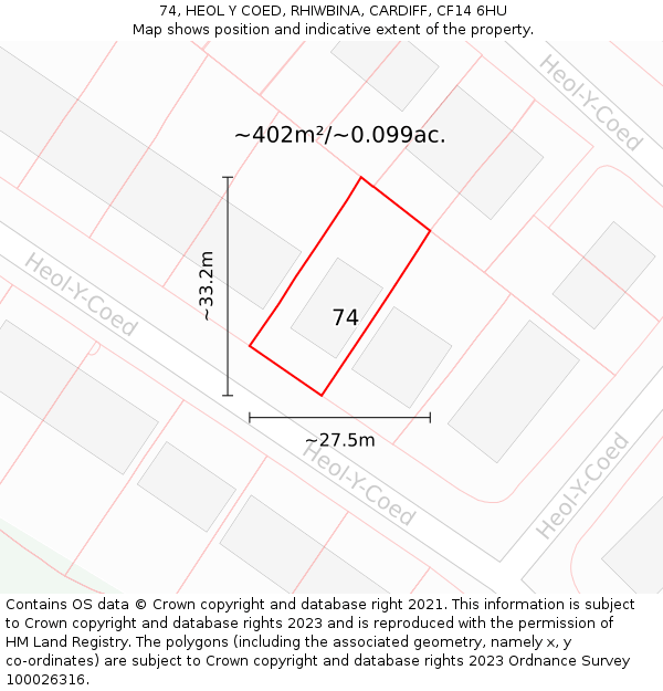 74, HEOL Y COED, RHIWBINA, CARDIFF, CF14 6HU: Plot and title map