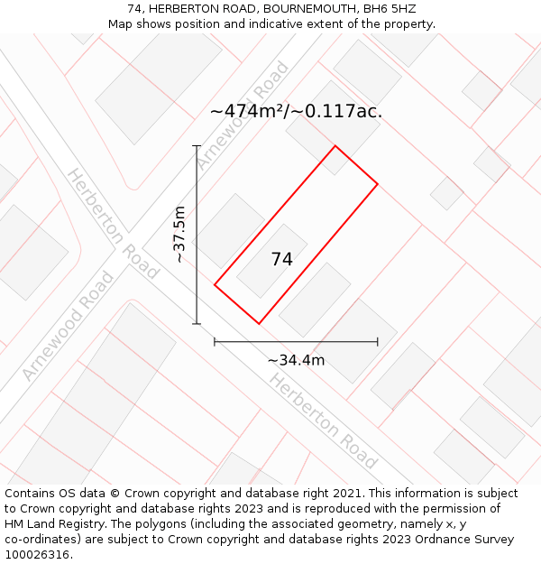 74, HERBERTON ROAD, BOURNEMOUTH, BH6 5HZ: Plot and title map
