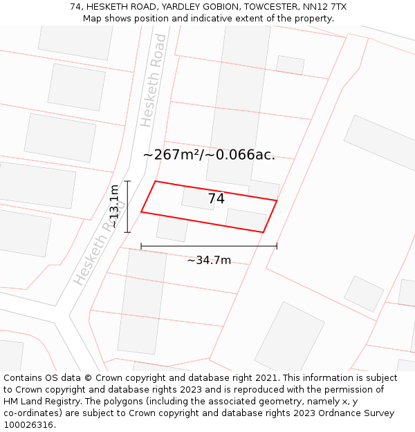 74, HESKETH ROAD, YARDLEY GOBION, TOWCESTER, NN12 7TX: Plot and title map