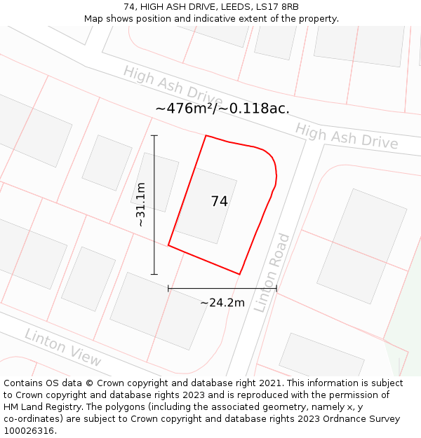 74, HIGH ASH DRIVE, LEEDS, LS17 8RB: Plot and title map