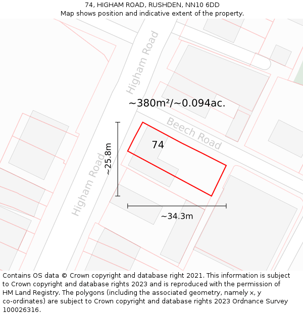 74, HIGHAM ROAD, RUSHDEN, NN10 6DD: Plot and title map
