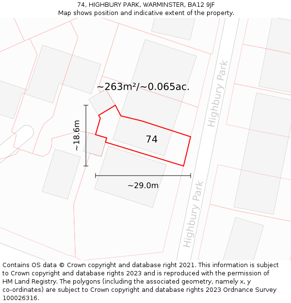 74, HIGHBURY PARK, WARMINSTER, BA12 9JF: Plot and title map