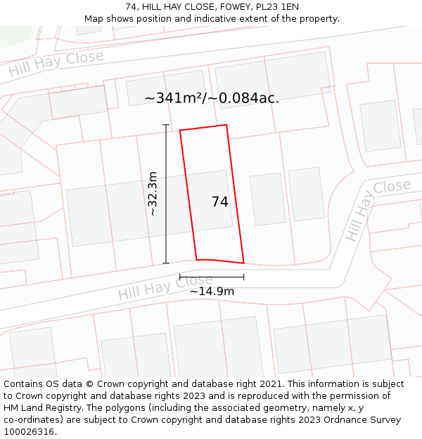 74, HILL HAY CLOSE, FOWEY, PL23 1EN: Plot and title map