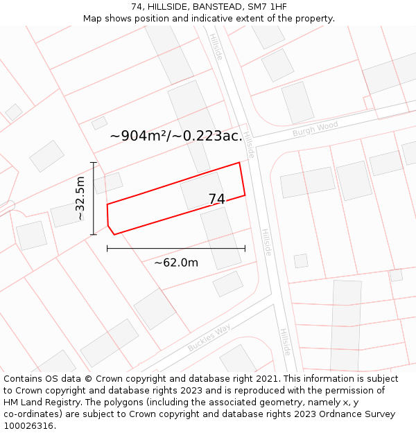 74, HILLSIDE, BANSTEAD, SM7 1HF: Plot and title map