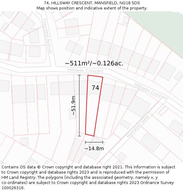74, HILLSWAY CRESCENT, MANSFIELD, NG18 5DS: Plot and title map