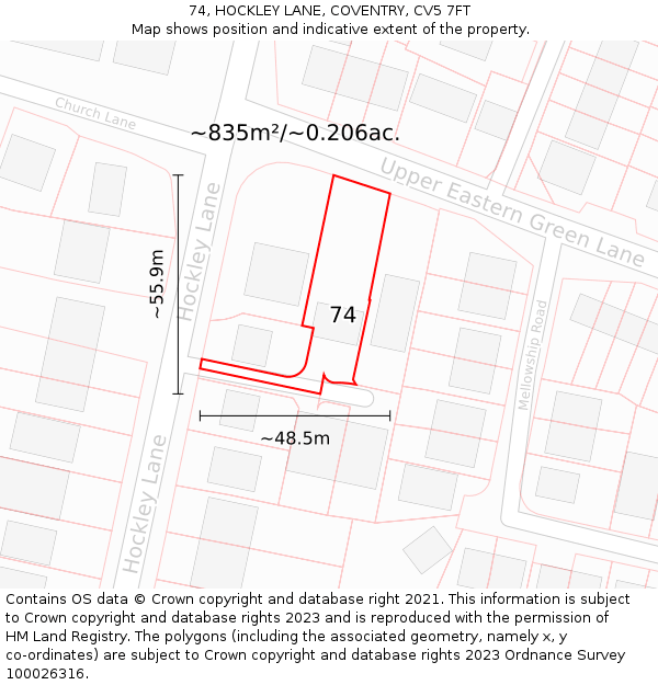 74, HOCKLEY LANE, COVENTRY, CV5 7FT: Plot and title map