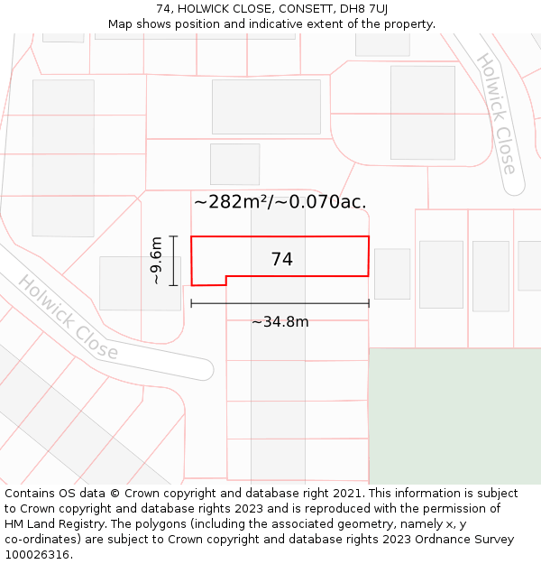 74, HOLWICK CLOSE, CONSETT, DH8 7UJ: Plot and title map