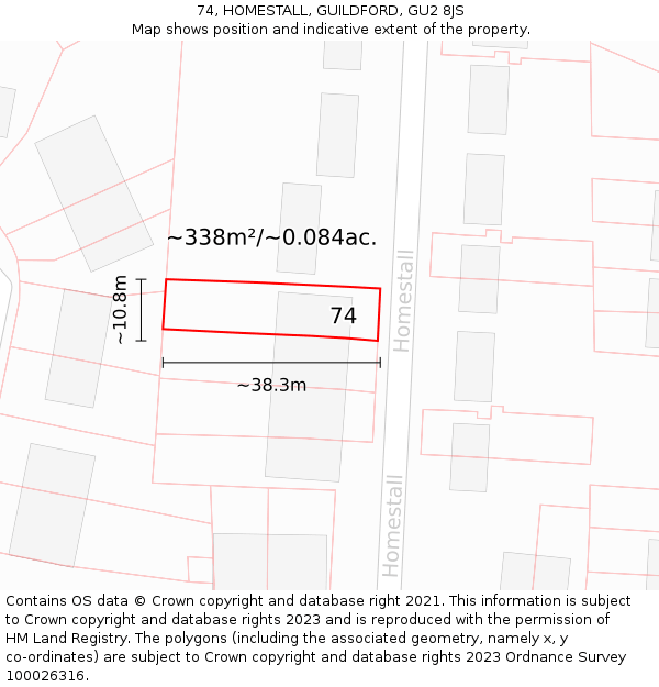74, HOMESTALL, GUILDFORD, GU2 8JS: Plot and title map