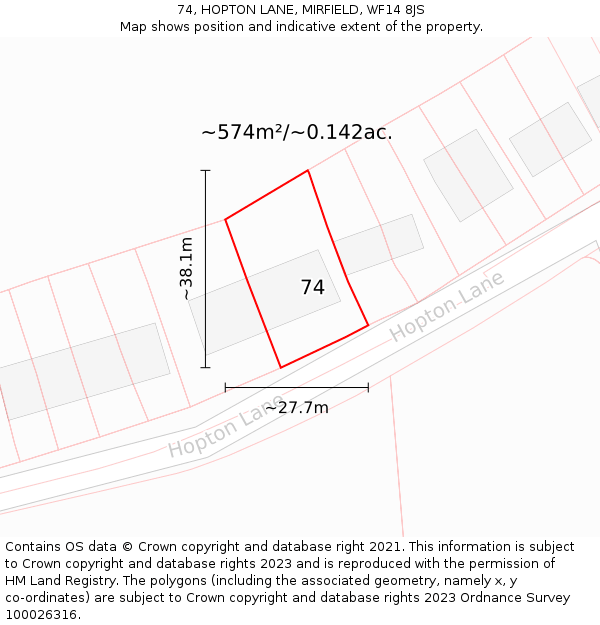 74, HOPTON LANE, MIRFIELD, WF14 8JS: Plot and title map
