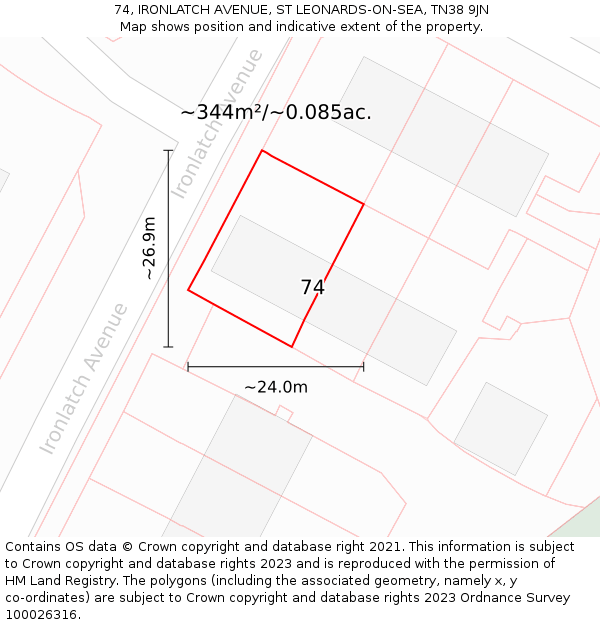 74, IRONLATCH AVENUE, ST LEONARDS-ON-SEA, TN38 9JN: Plot and title map