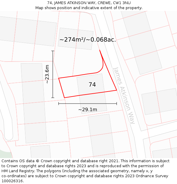 74, JAMES ATKINSON WAY, CREWE, CW1 3NU: Plot and title map