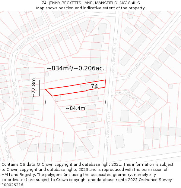 74, JENNY BECKETTS LANE, MANSFIELD, NG18 4HS: Plot and title map