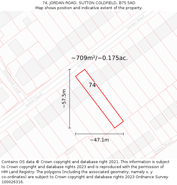 74, JORDAN ROAD, SUTTON COLDFIELD, B75 5AD: Plot and title map