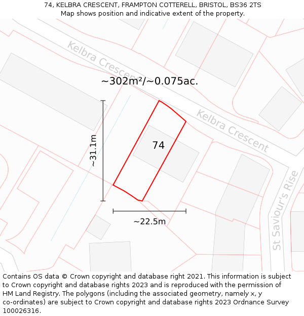 74, KELBRA CRESCENT, FRAMPTON COTTERELL, BRISTOL, BS36 2TS: Plot and title map