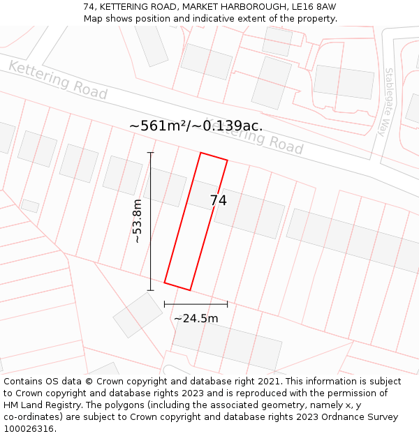 74, KETTERING ROAD, MARKET HARBOROUGH, LE16 8AW: Plot and title map
