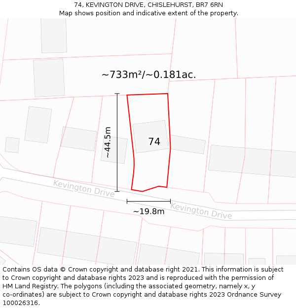 74, KEVINGTON DRIVE, CHISLEHURST, BR7 6RN: Plot and title map