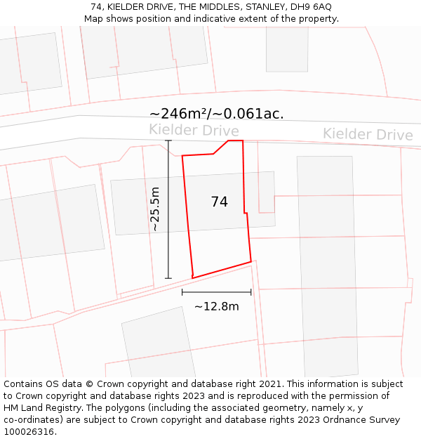 74, KIELDER DRIVE, THE MIDDLES, STANLEY, DH9 6AQ: Plot and title map