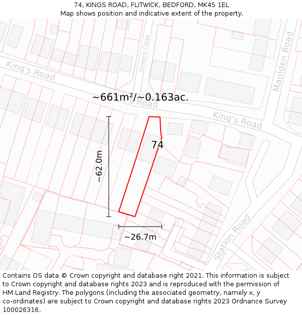 74, KINGS ROAD, FLITWICK, BEDFORD, MK45 1EL: Plot and title map