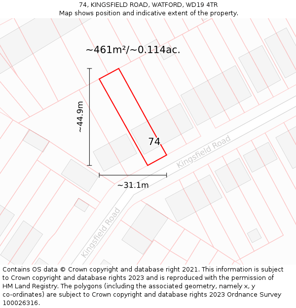 74, KINGSFIELD ROAD, WATFORD, WD19 4TR: Plot and title map