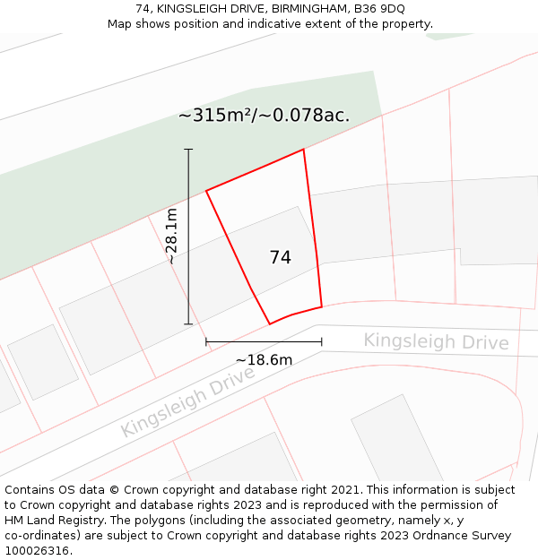 74, KINGSLEIGH DRIVE, BIRMINGHAM, B36 9DQ: Plot and title map