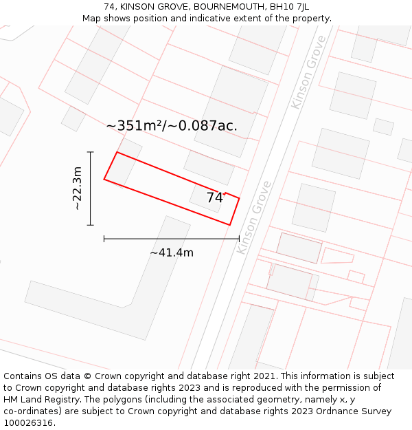 74, KINSON GROVE, BOURNEMOUTH, BH10 7JL: Plot and title map
