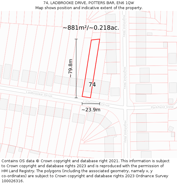 74, LADBROOKE DRIVE, POTTERS BAR, EN6 1QW: Plot and title map