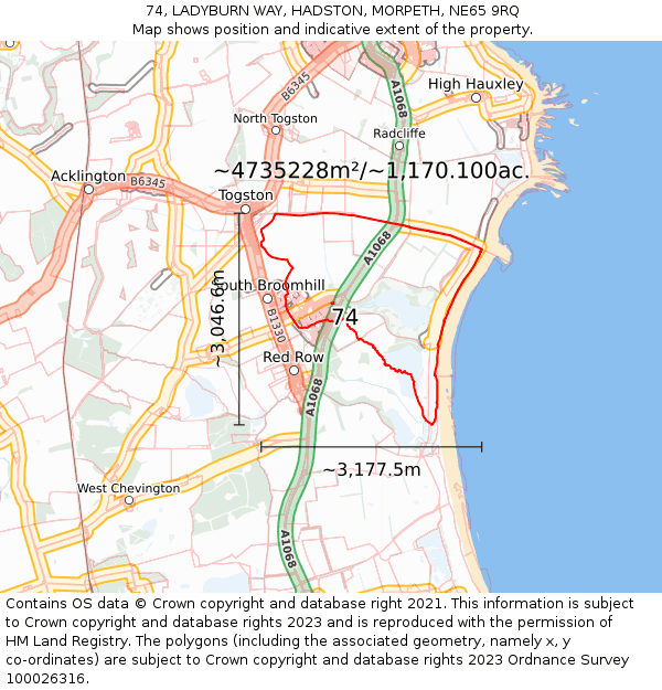 74, LADYBURN WAY, HADSTON, MORPETH, NE65 9RQ: Plot and title map