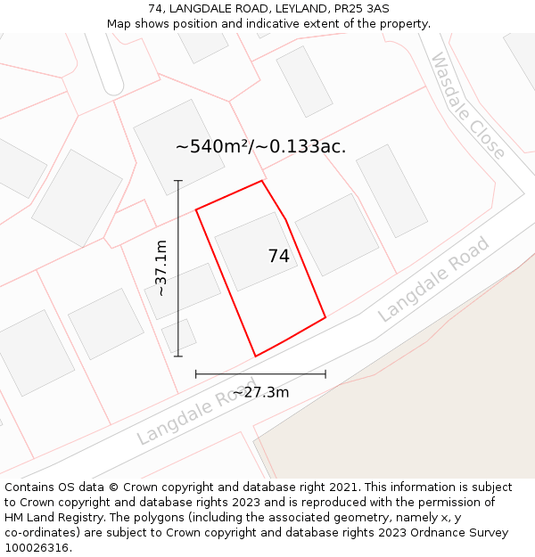 74, LANGDALE ROAD, LEYLAND, PR25 3AS: Plot and title map
