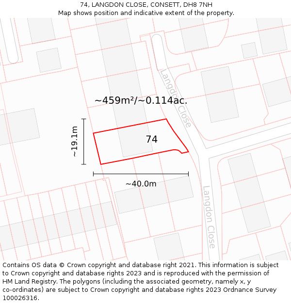 74, LANGDON CLOSE, CONSETT, DH8 7NH: Plot and title map