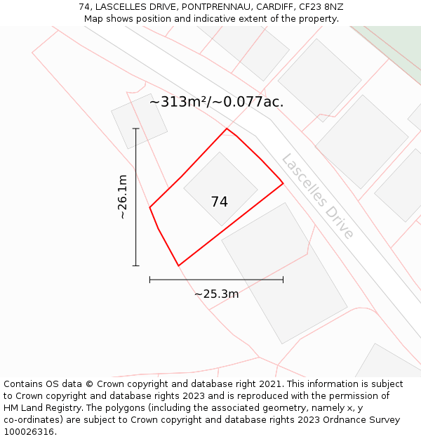 74, LASCELLES DRIVE, PONTPRENNAU, CARDIFF, CF23 8NZ: Plot and title map