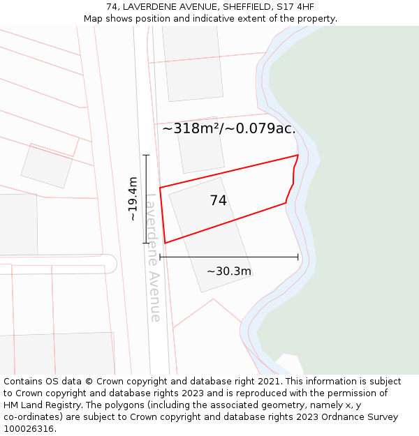 74, LAVERDENE AVENUE, SHEFFIELD, S17 4HF: Plot and title map